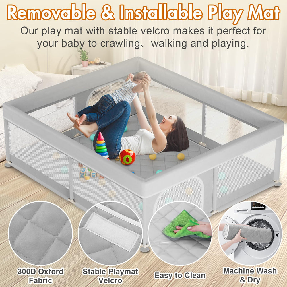 Omzer Baby Playpen magic-sticker feature keeps panels securely aligned.