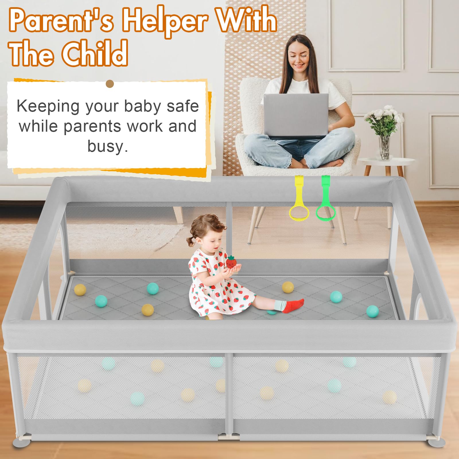 Omzer Baby Playpen soft-mesh panel emphasizes visibility and airflow.