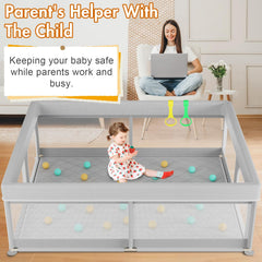 Omzer Baby Playpen soft-mesh panel emphasizes visibility and airflow.