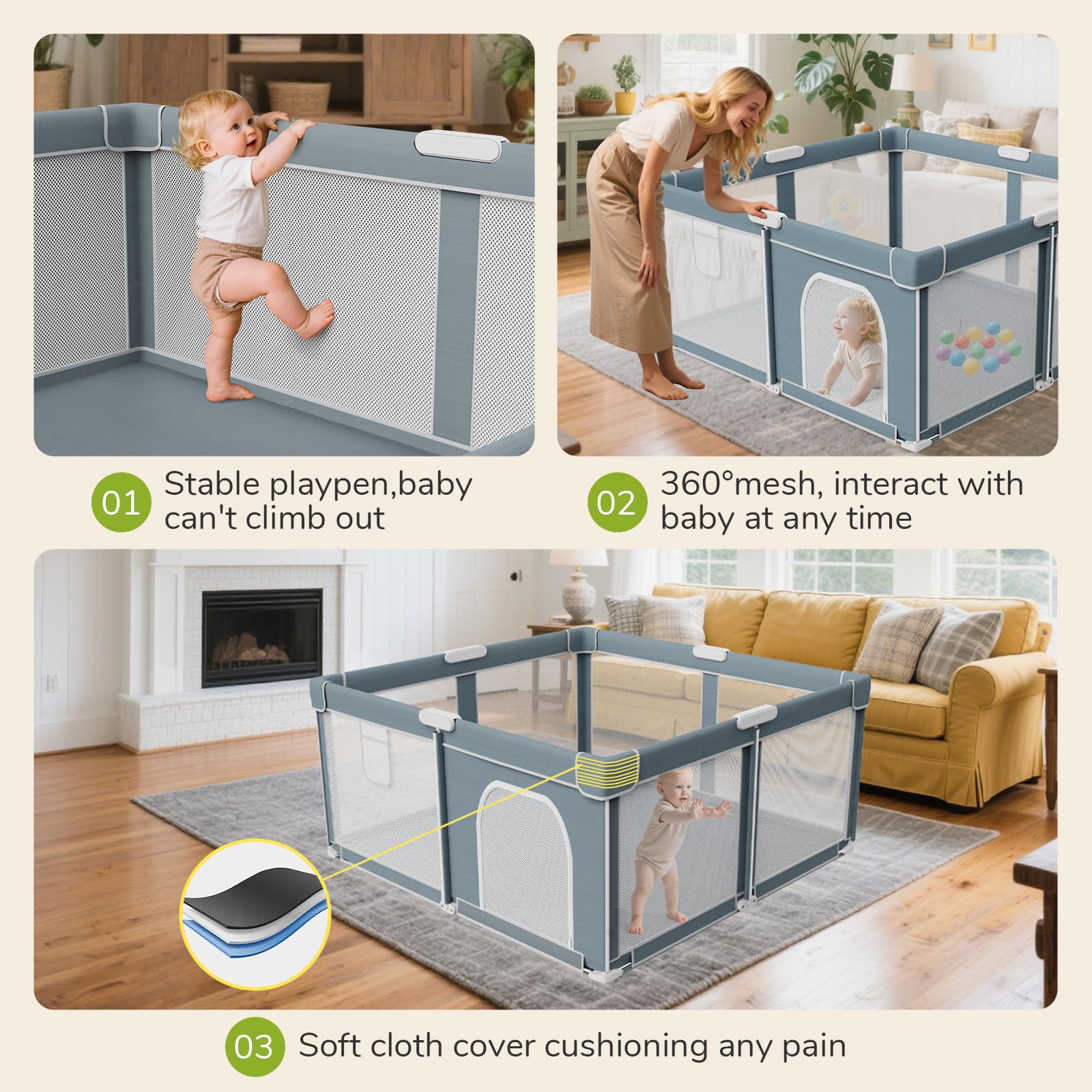 Omzer playpen frame is sturdy with a non-slip base for stability.