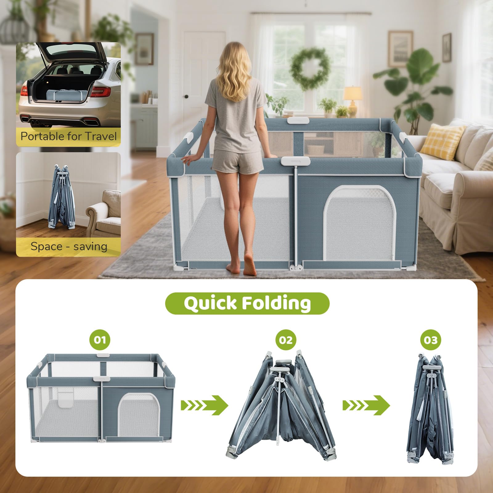 Omzer baby playpen with external zipper door prevents entrapment during play.