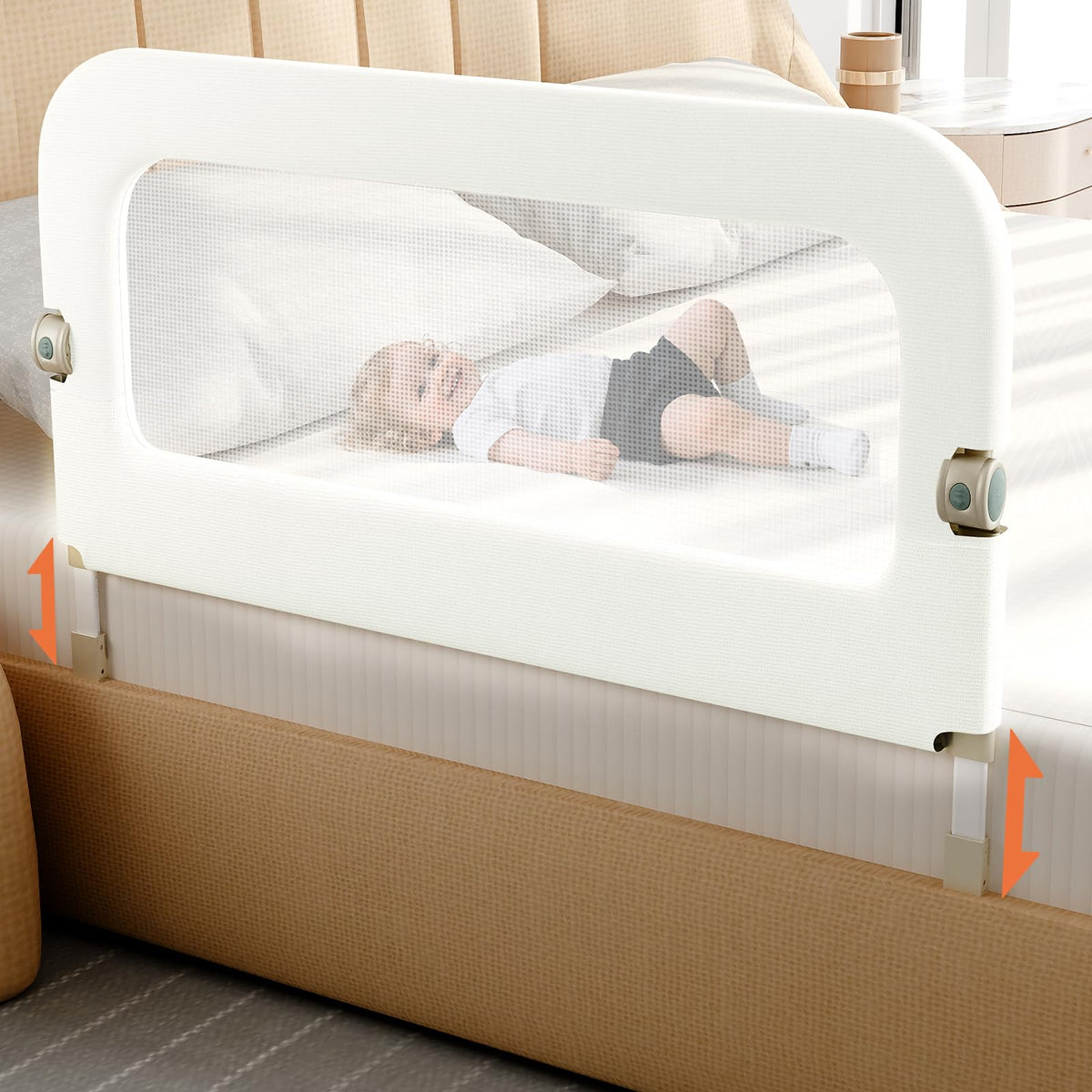 omzer Bed Guard Rail folding action shows quick one-touch fold for easy daytime storage.