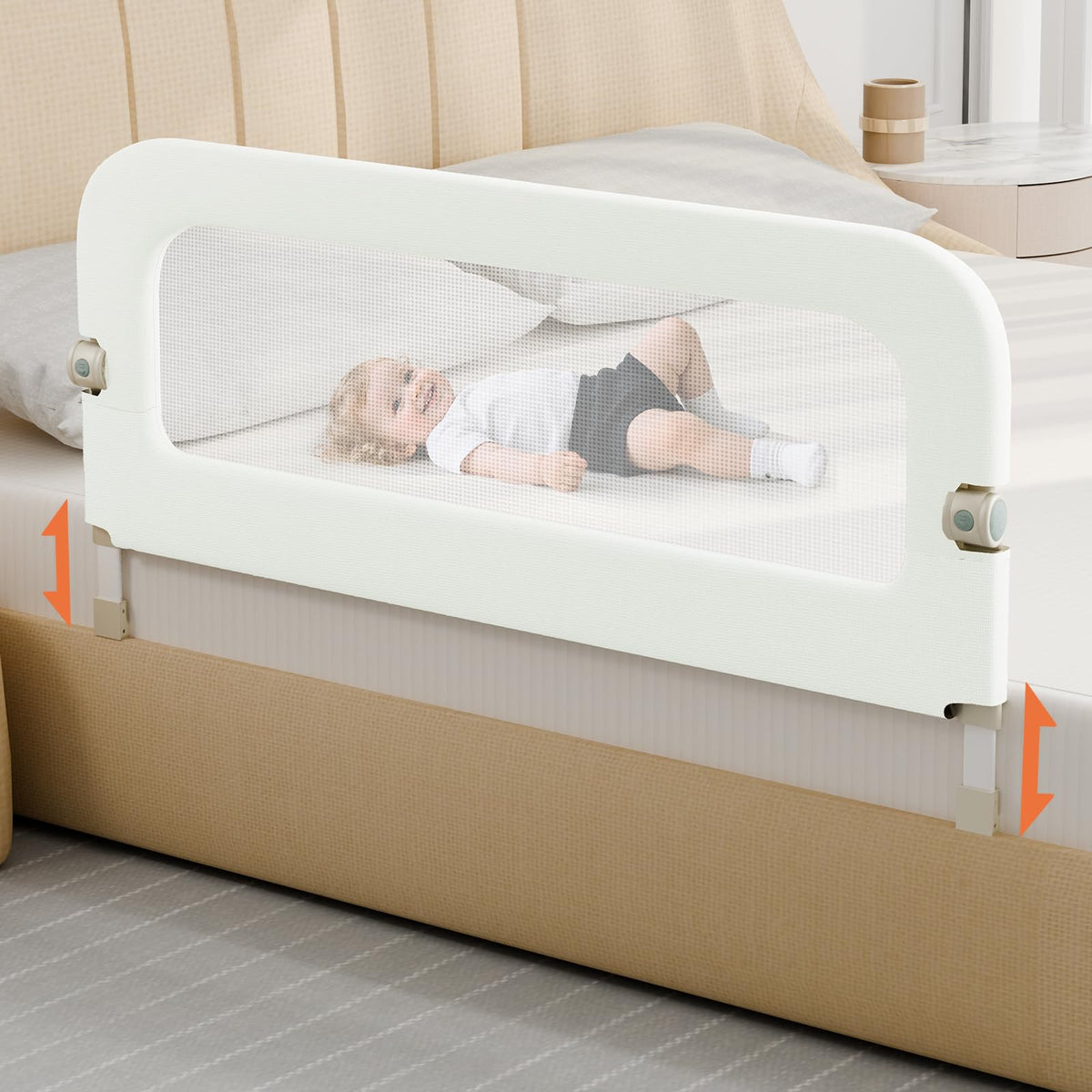 omzer bed guard rail folding design shows quick one-touch fold for space saving