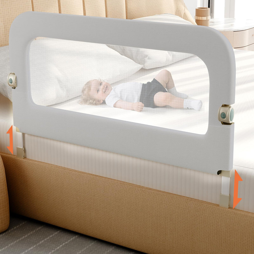 Omzer bed guard rail folding mechanism for space saving during the day
