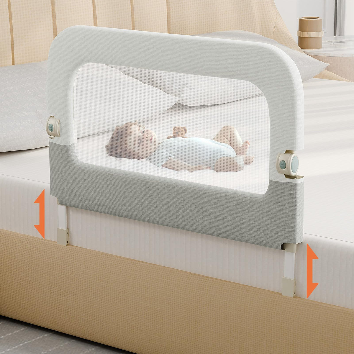 Omzer bed guard rail folded for space-saving daytime use