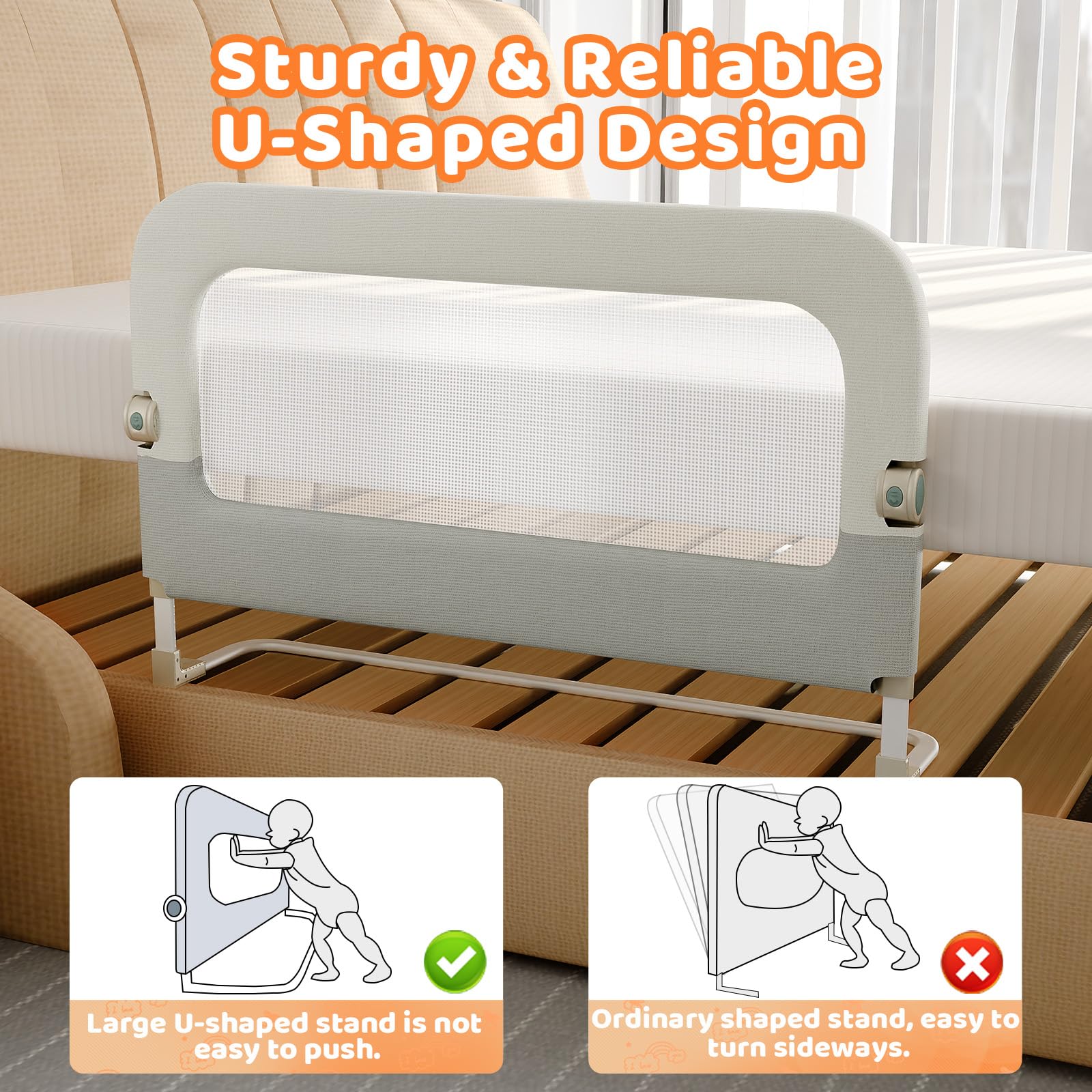 Omzer bed guard rail with U-shaped kickstand for stability