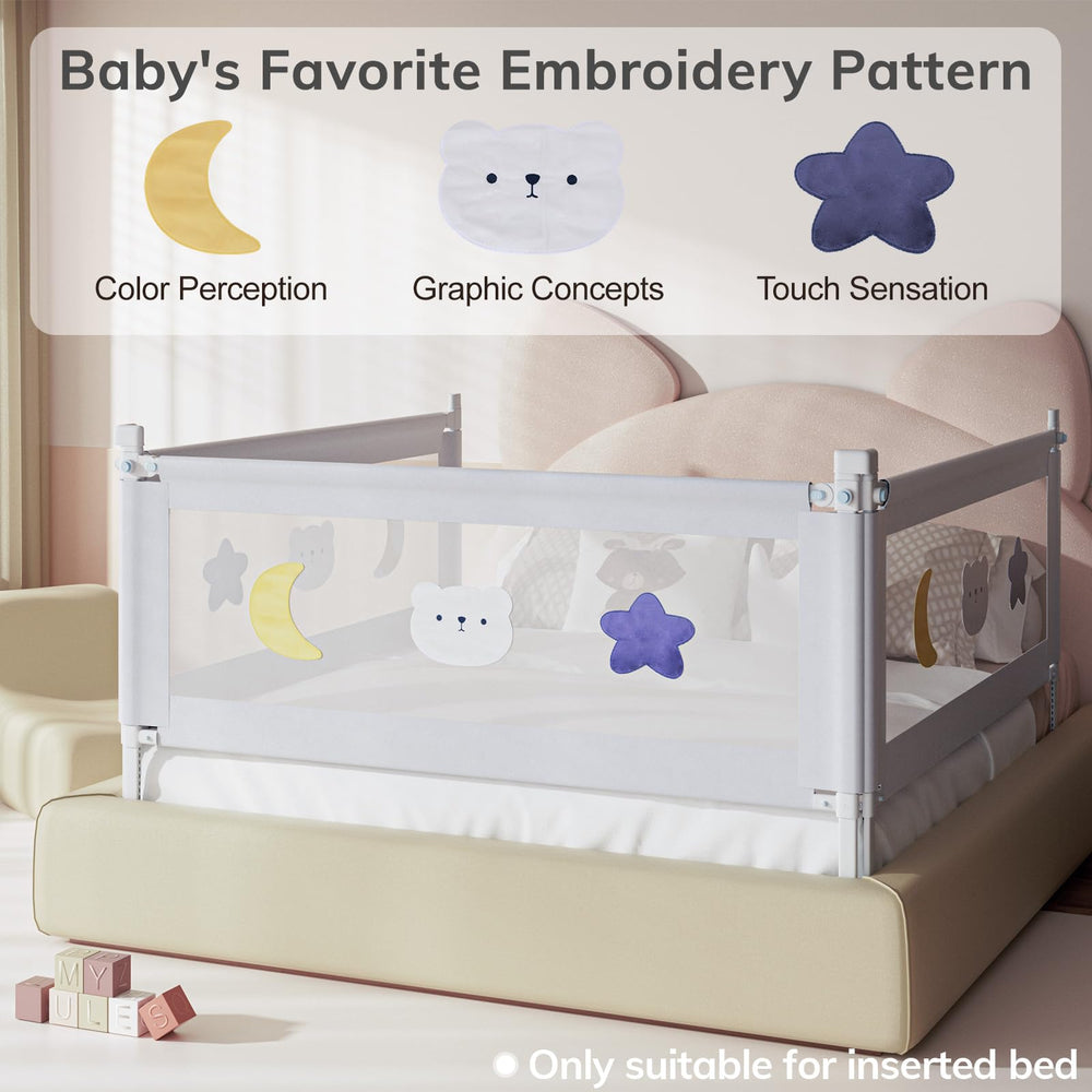 Omzer bed rail embroidery adds visual detail for babies.