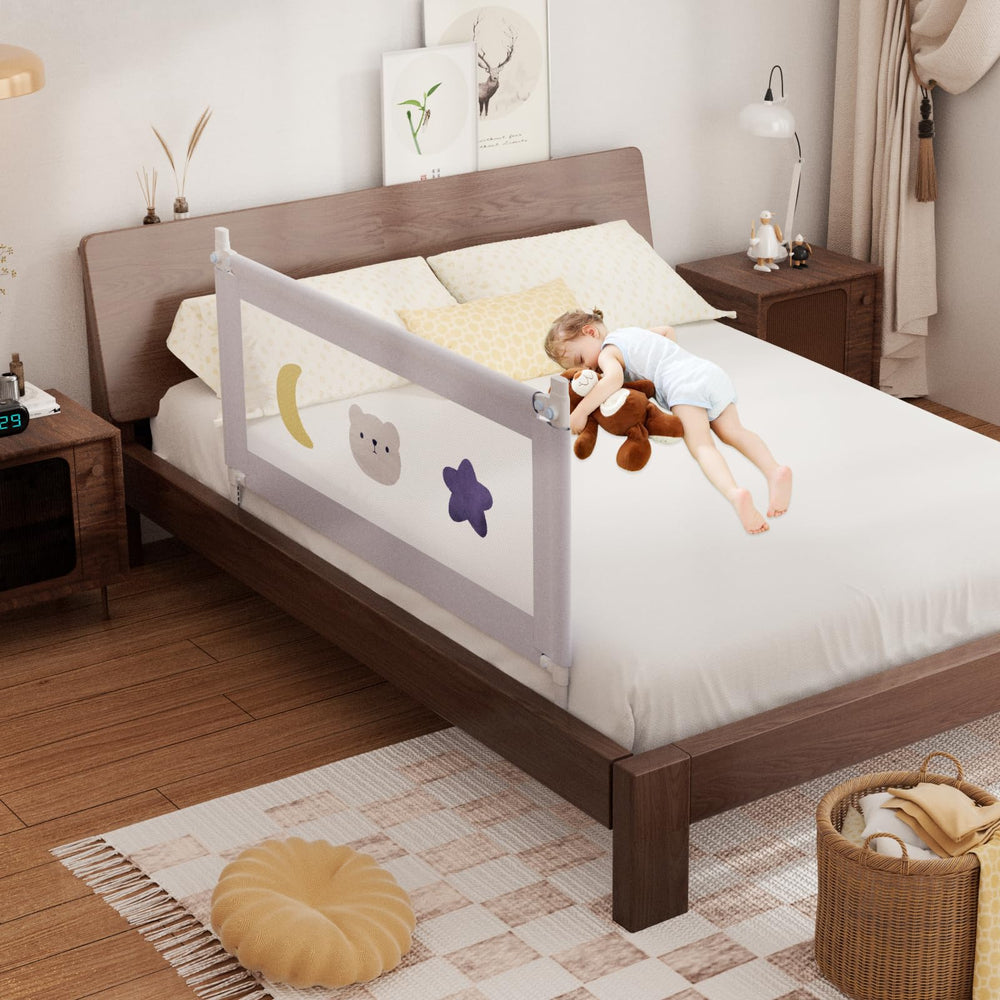 omzer bed rail toddlers front view of a 54-inch guard rail for safer sleep setup.