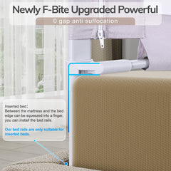 omzer bed rail toddlers height adjustment closeup demonstrates 2 to 13 inches.