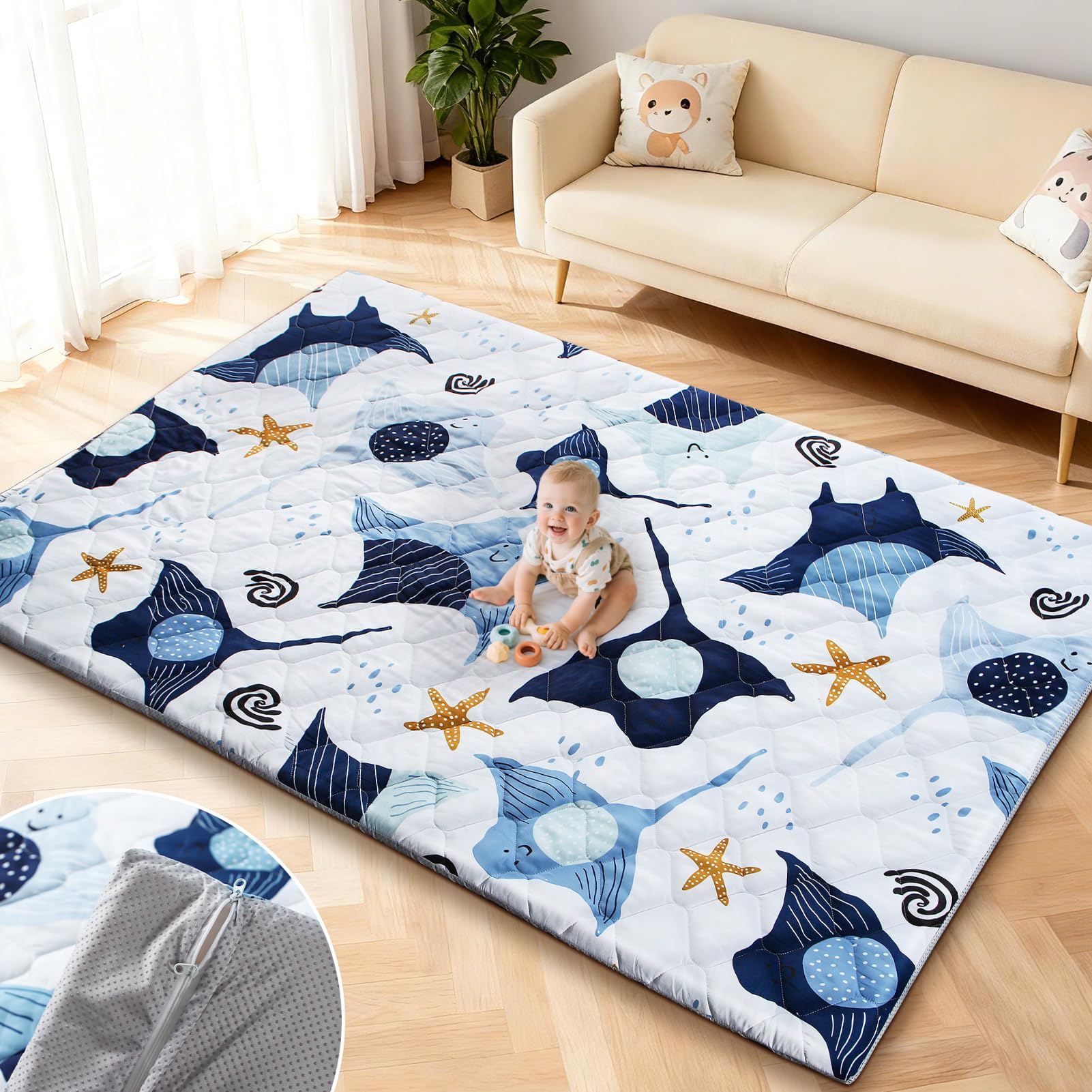 Omzer extra-large play mat with removable cover for easy cleanup and large play area