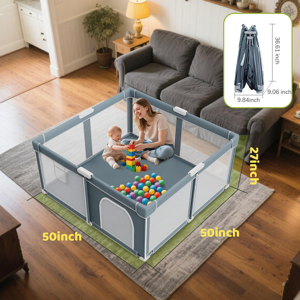 Omzer foldable playpen mesh design provides 360-degree visibility for supervision.