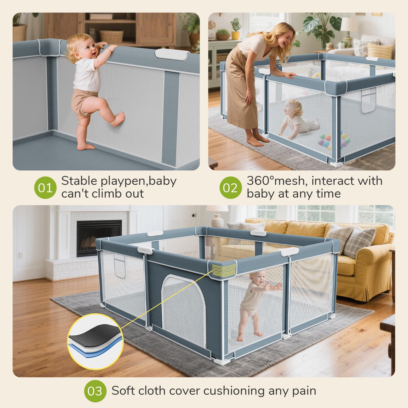 Omzer foldable baby playpen safe stable base with non-slip feet for reliability
