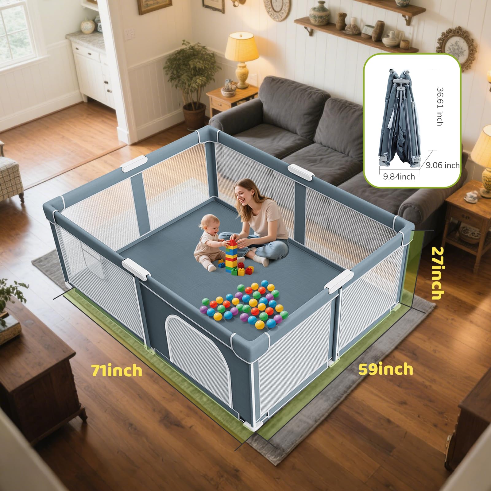 Omzer foldable baby playpen spacious area 71x59 inches for family play