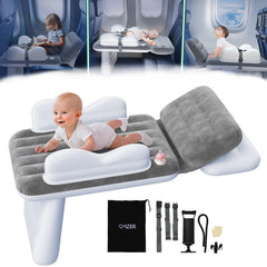 Omzer inflatable toddler airplane bed with cup holder for spill-free drinks during travel.
