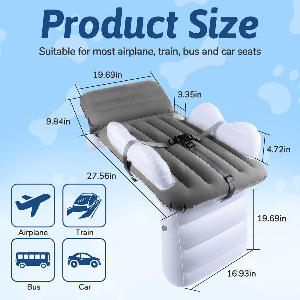 Omzer inflatable toddler airplane bed travel bag and hand pump simplify packing.