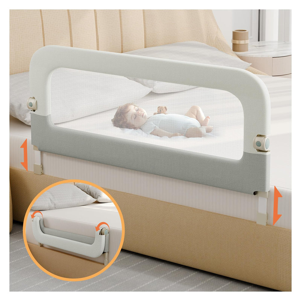 Omzer large bed guard rail folding setup demonstrates space-saving nighttime safety