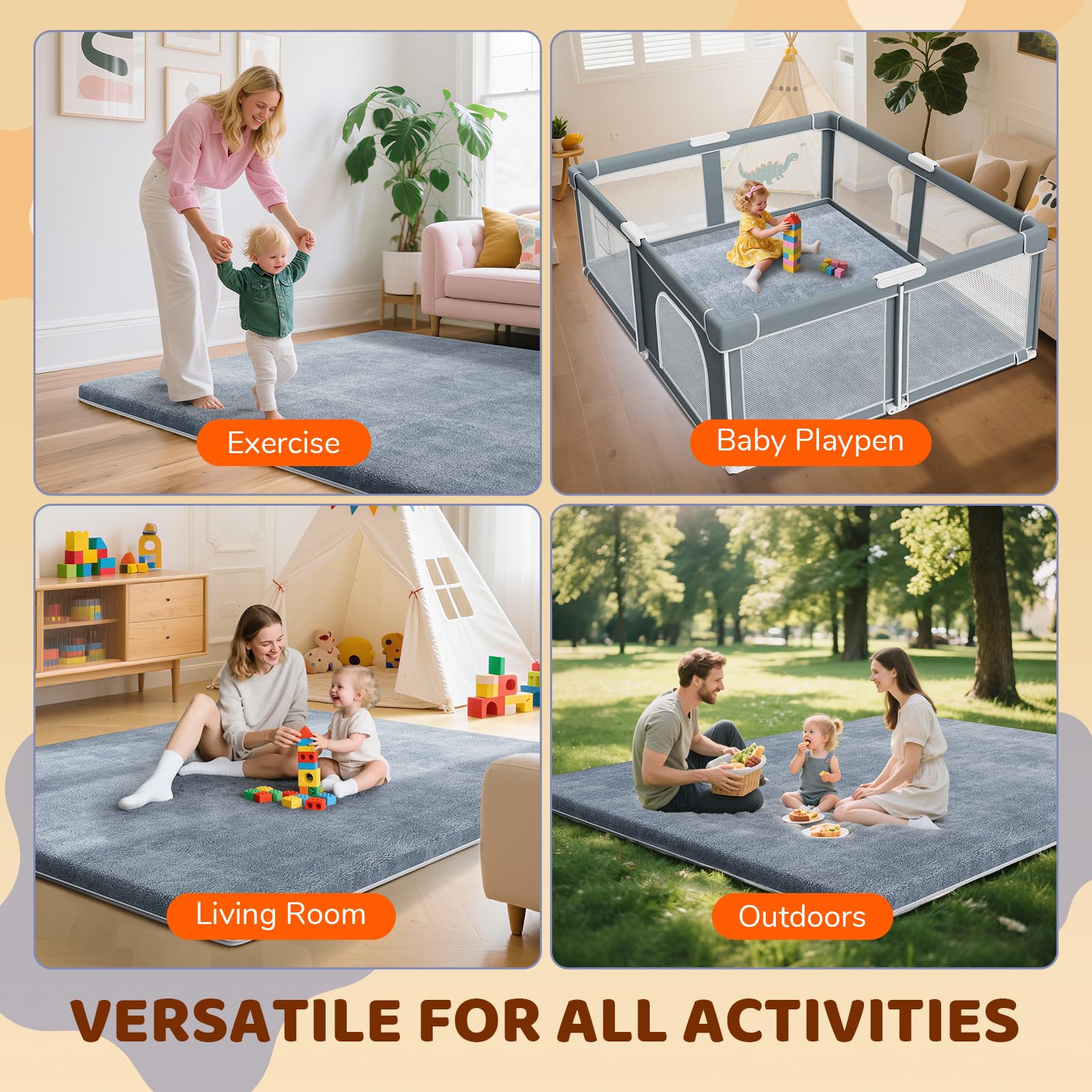 Omzer Play Mat non-slip backing keeps mat in place on various floors.