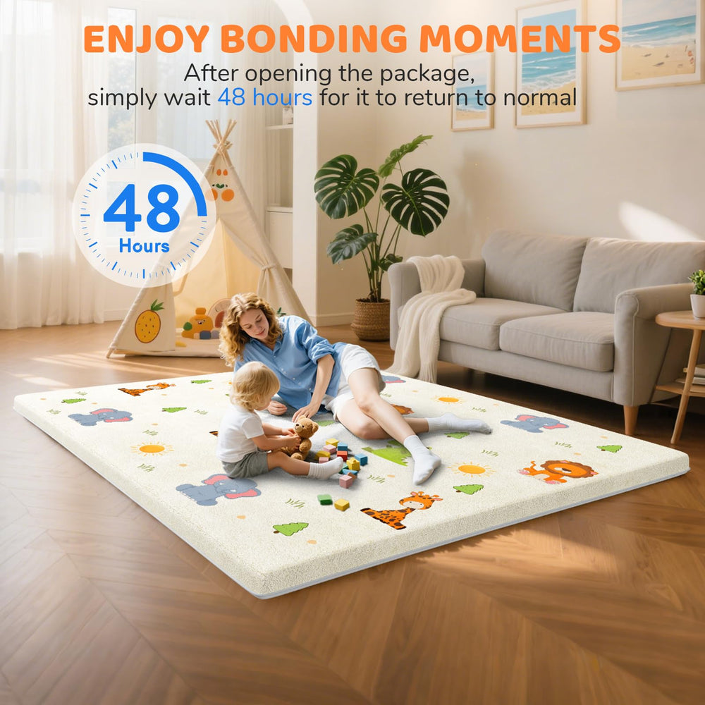 Omzer mat size 71x79 inches creates a roomy play area.