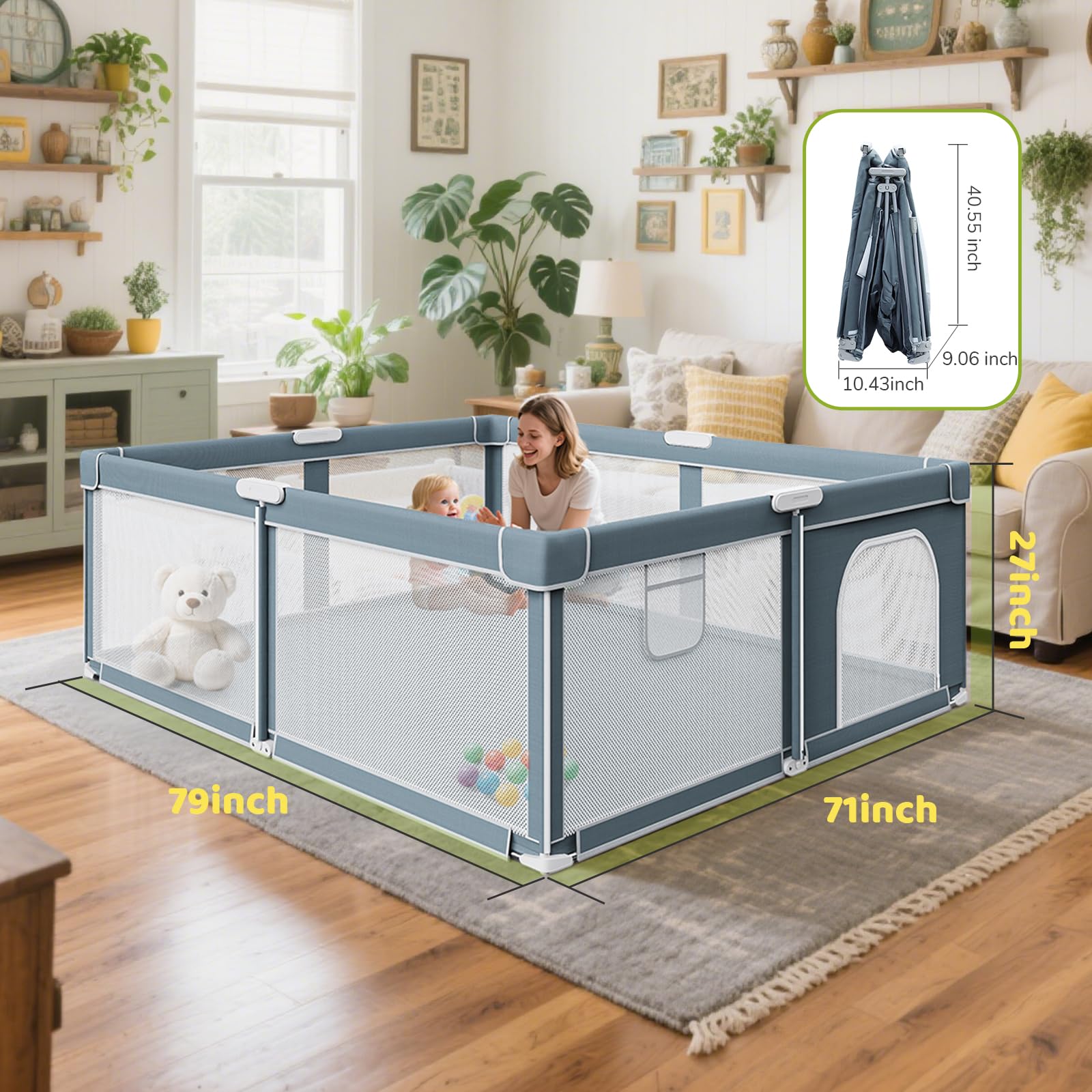 Omzer playpen 71x79 inches unfolded provides a generous, safe space for babies to explore.