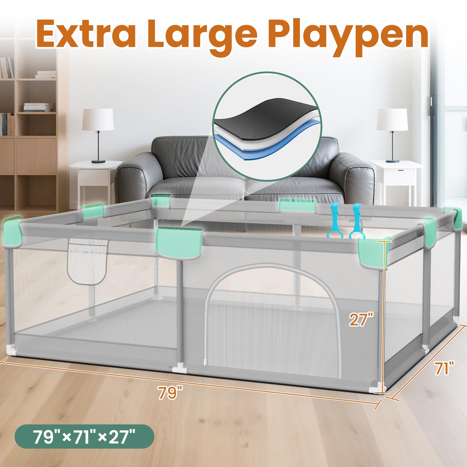 omzer playpen pull handles support standing practice and easy reconfiguration.