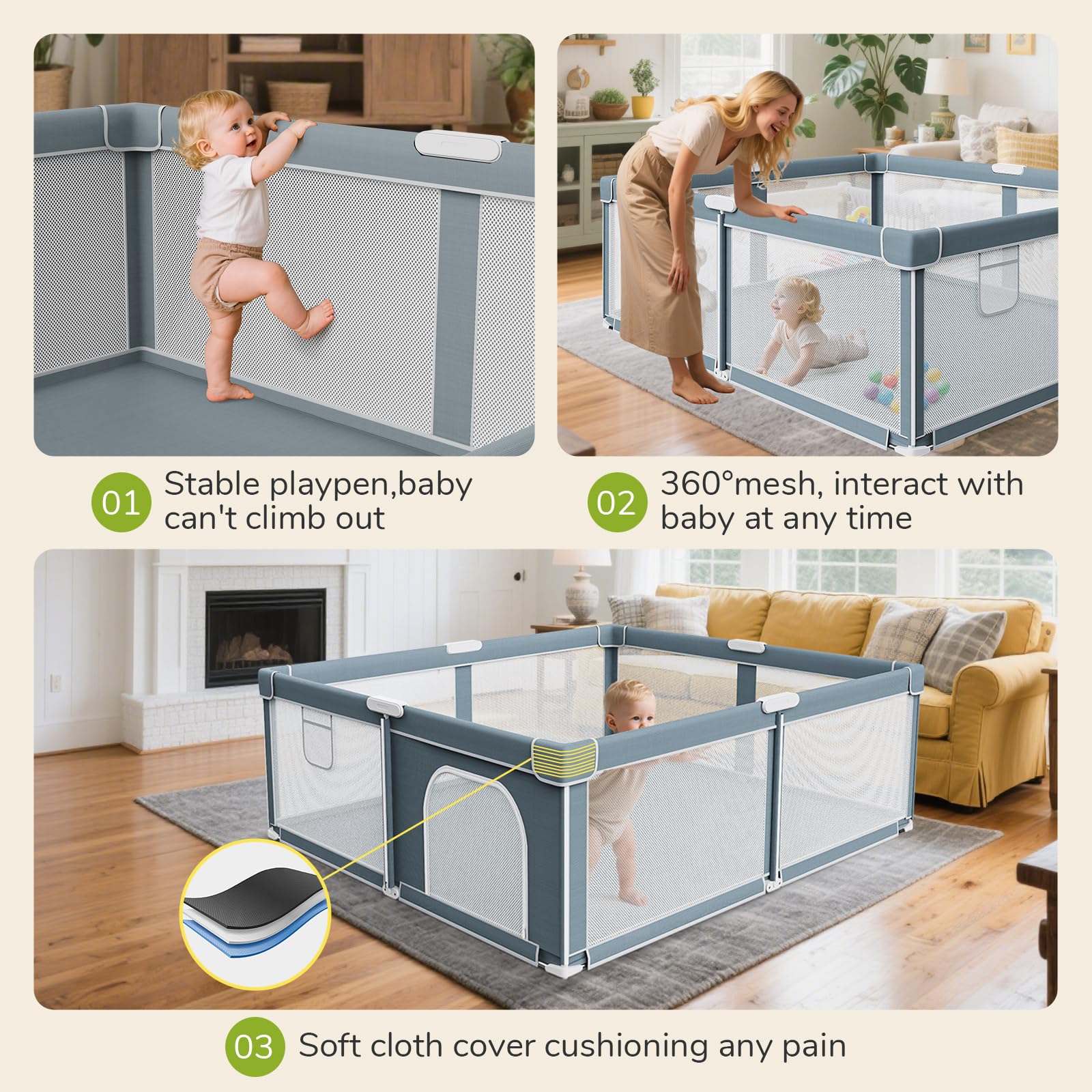 Omzer sturdy oxford-edge frame with non-slip base keeps toddlers stable during play.