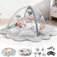 Omzer Plush Baby Play Gym assembled on the floor with a stable, non-slip surface for tummy time.