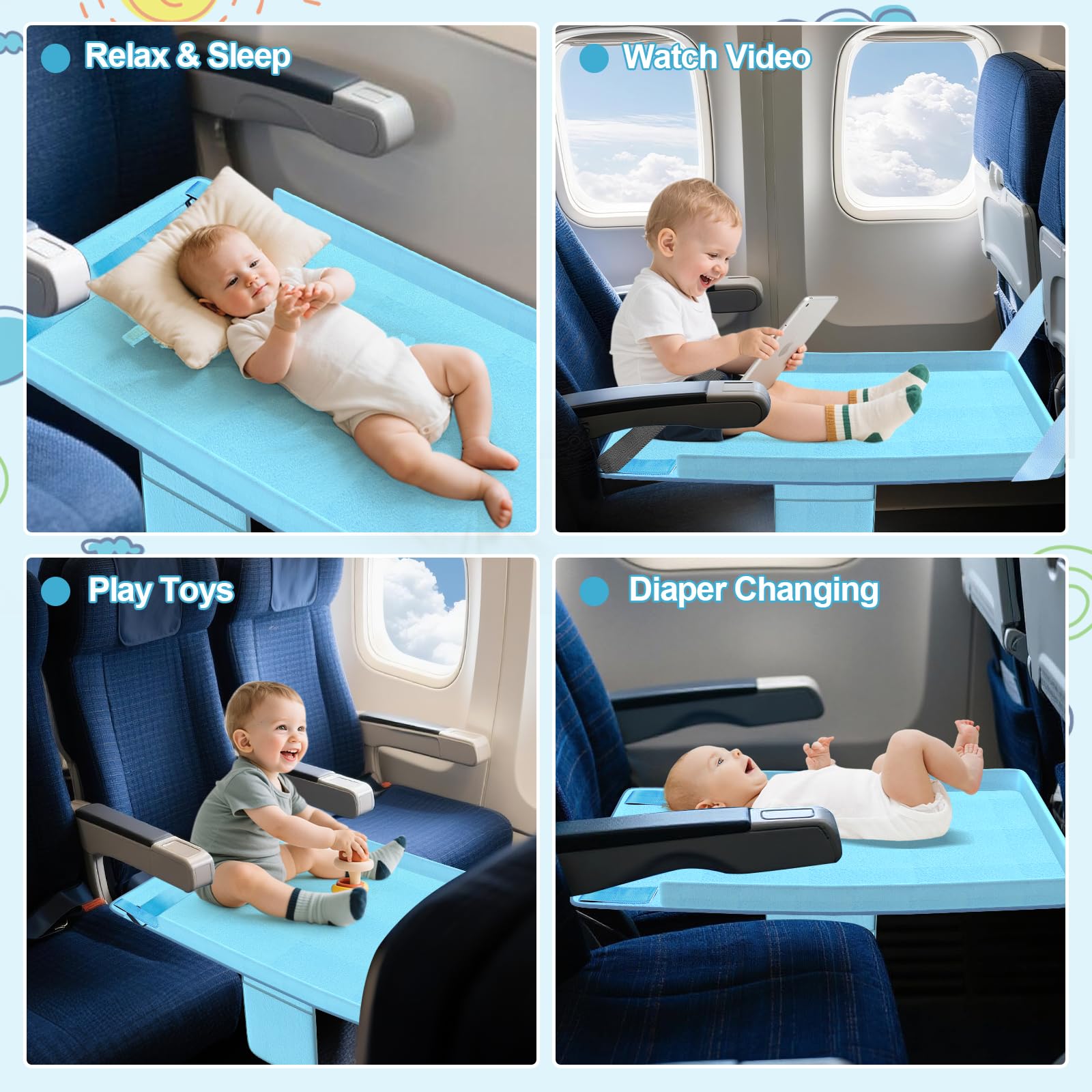 Omzer Toddler Airplane Bed inflight-use supports legs for relaxed journeys.