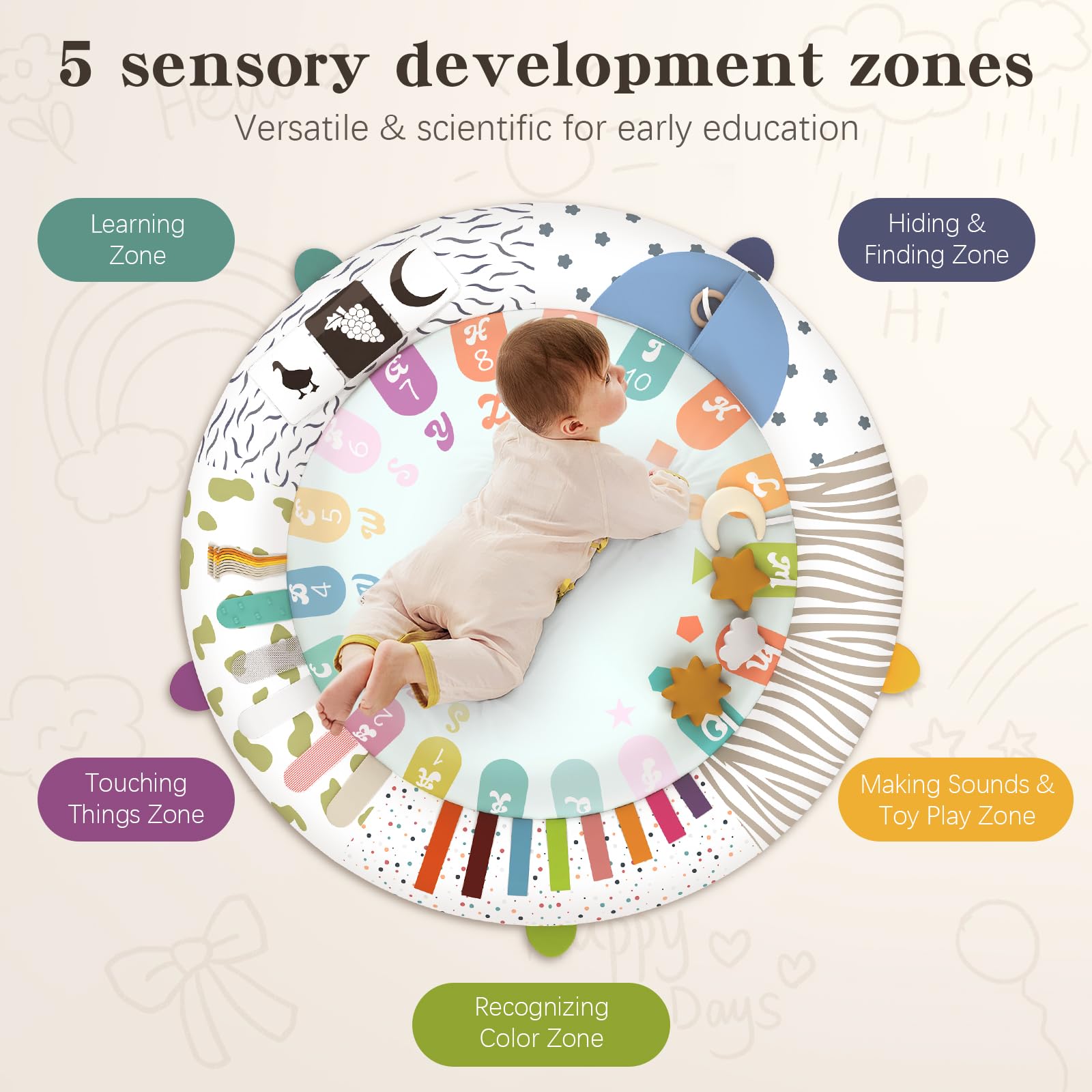 Omzer sensory toys attached for tactile exploration and engaging visual stimulation.