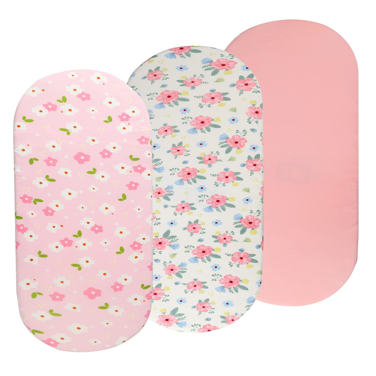 Onacosht bassinet sheets in pink floral pattern with snug elastic edge for secure fit and peaceful naps.