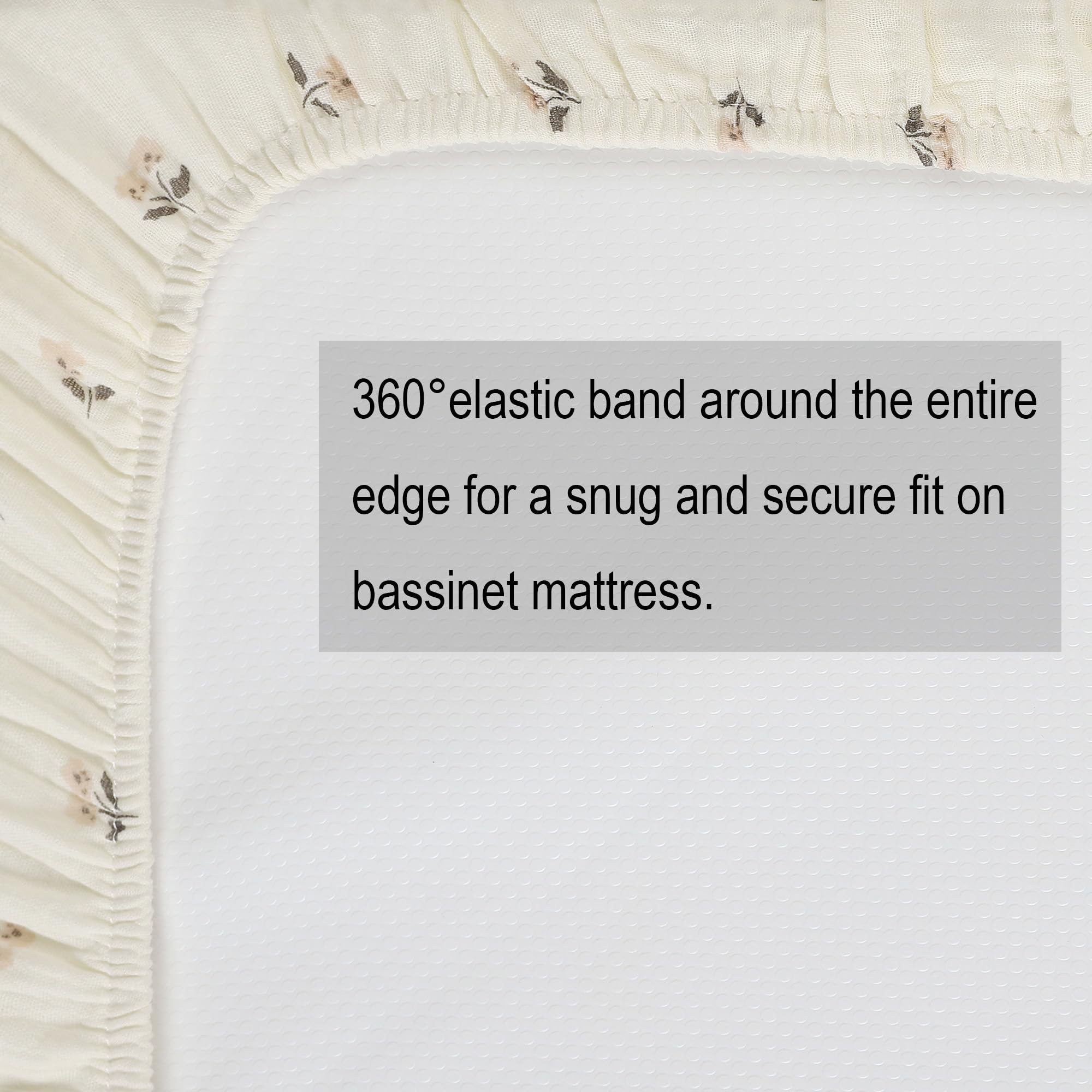 Onacosht muslin bassinet sheets elastic-edge-fit close-up showing secure fit