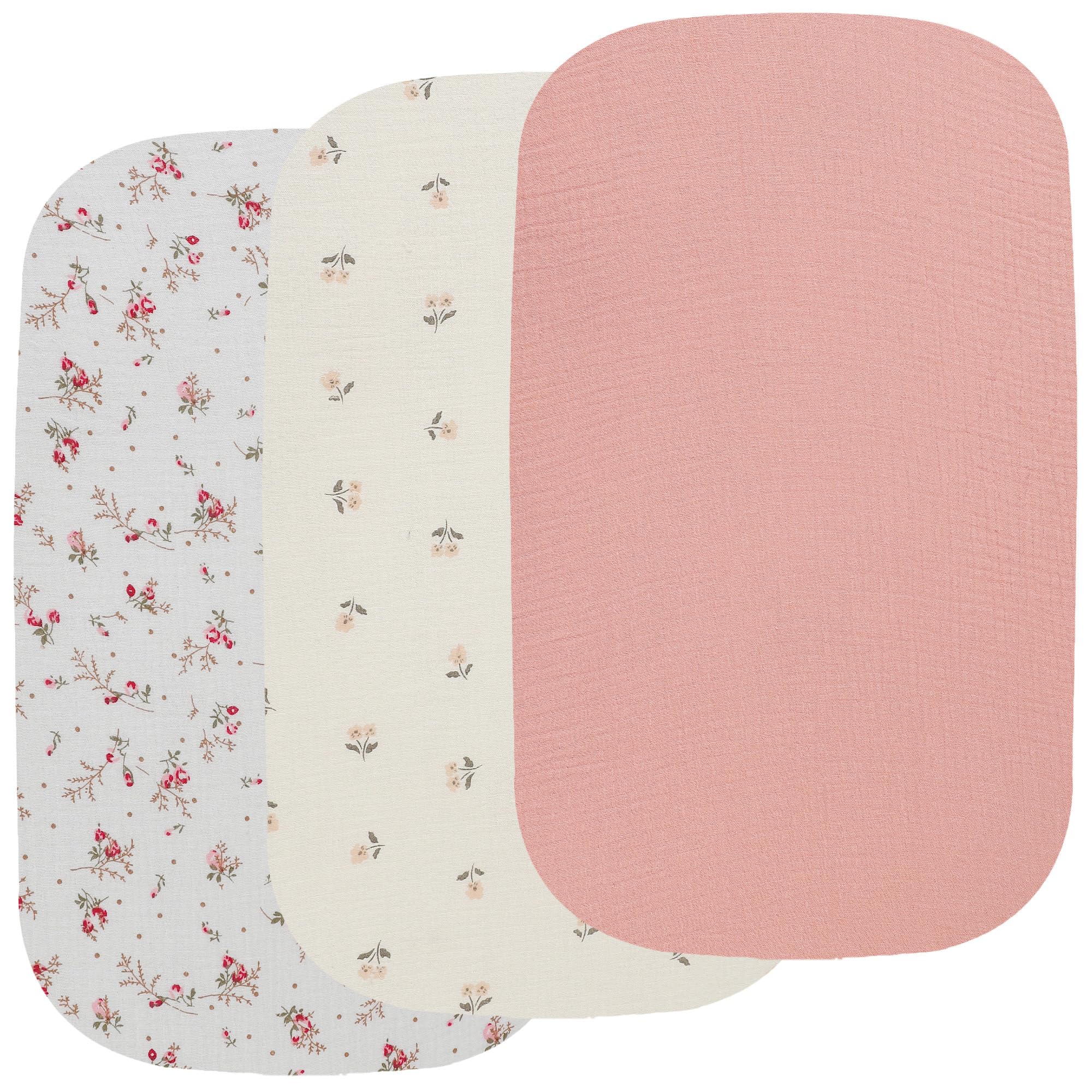 Onacosht muslin bassinet sheets three-pack flatlay highlighting breathable cotton for gentle newborn sleep