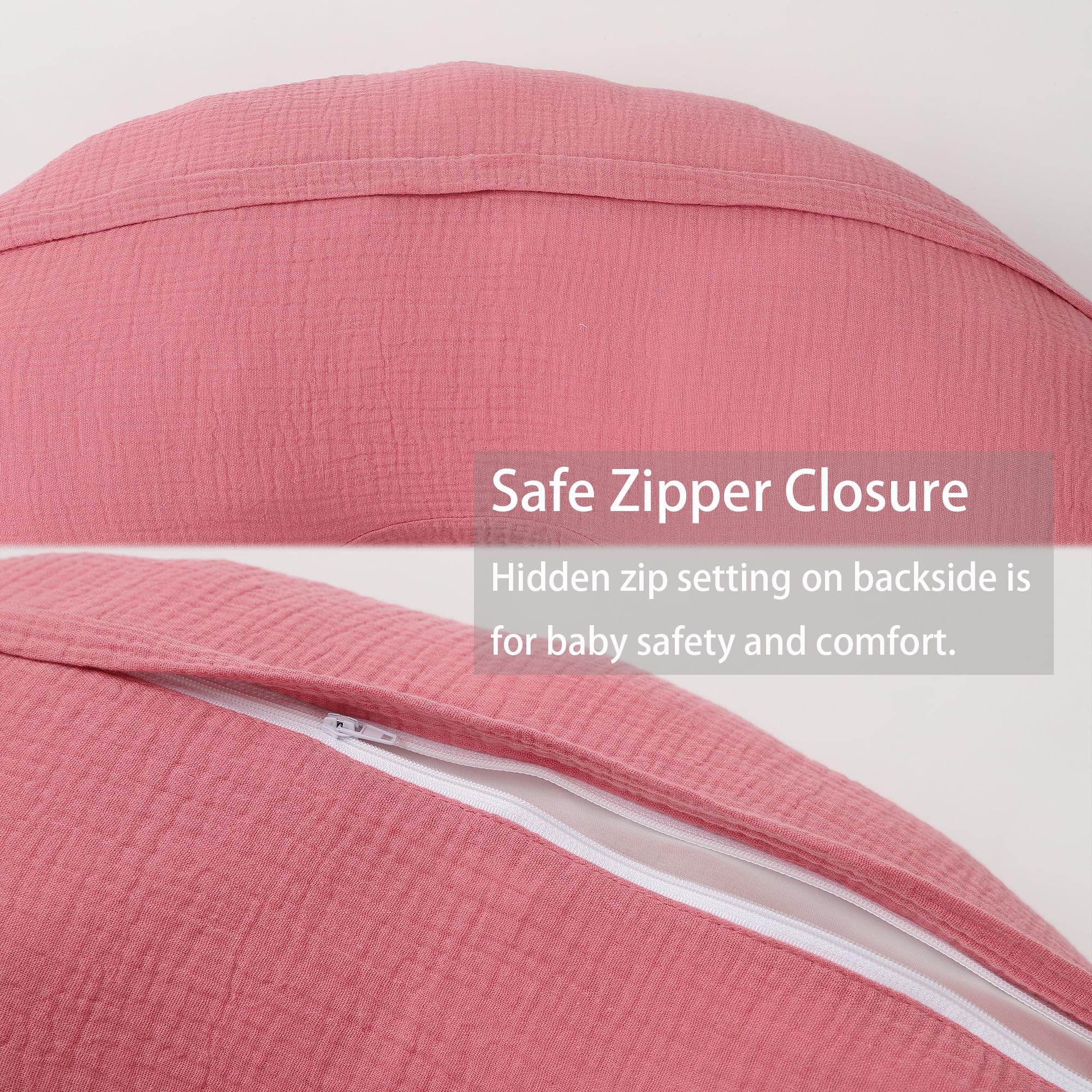 Onacosht muslin nursing pillow cover shows pillow-fit compatibility for 22x17x16 inch pillows with concealed zipper.