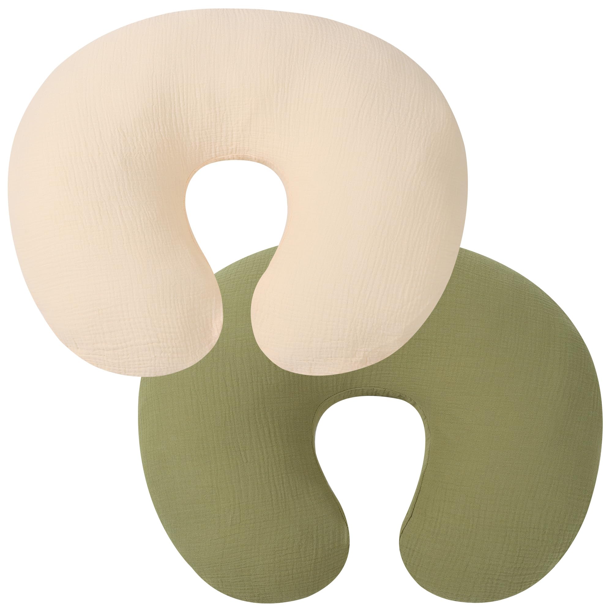 Onacosht Muslin nursing pillow cover front view in light green and beige, ultra-soft for newborn comfort