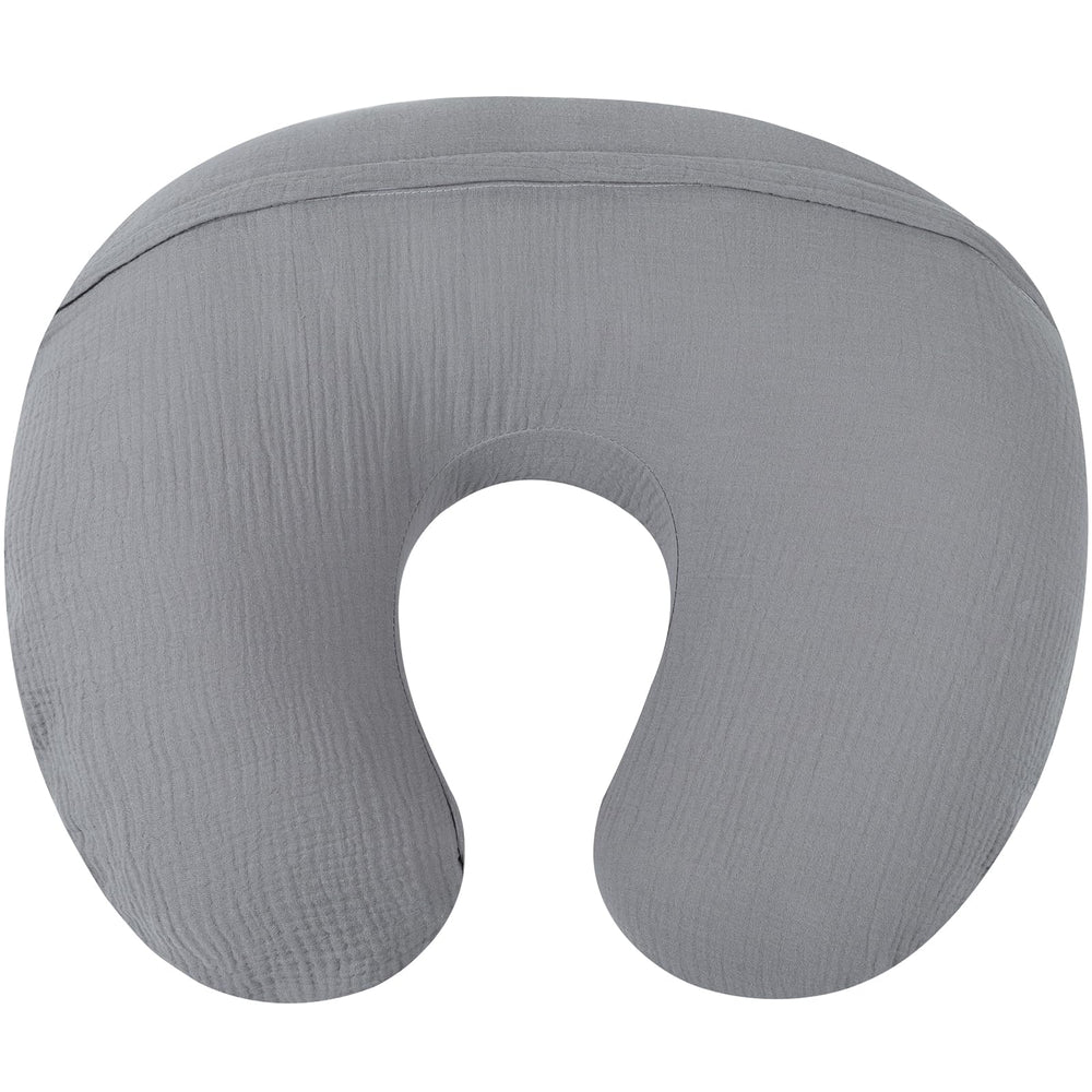 Onacosht muslin cover gray on-bed shot demonstrates coordinating nursery style.