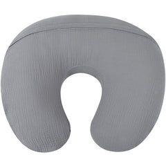 Onacosht muslin cover gray on-bed shot demonstrates coordinating nursery style.