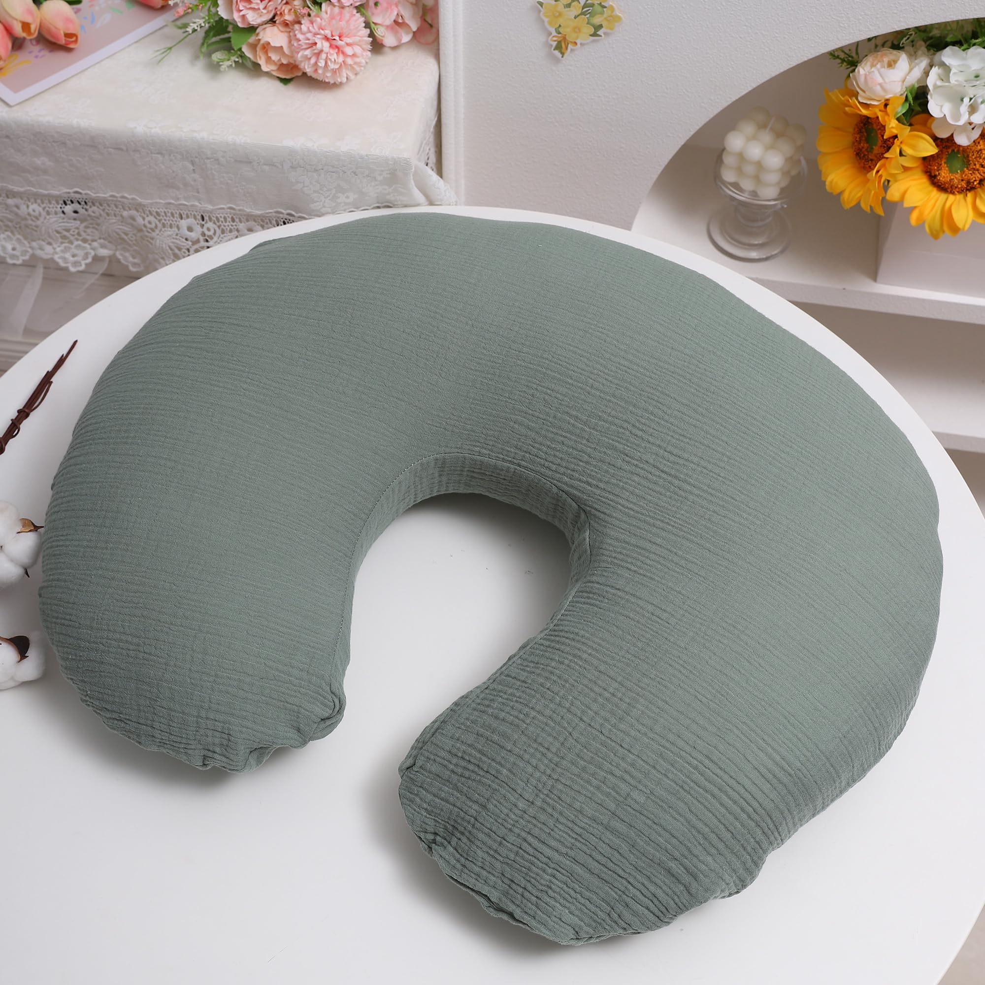 Onacosht muslin nursing pillow cover green botanical print close-up texture and softness.
