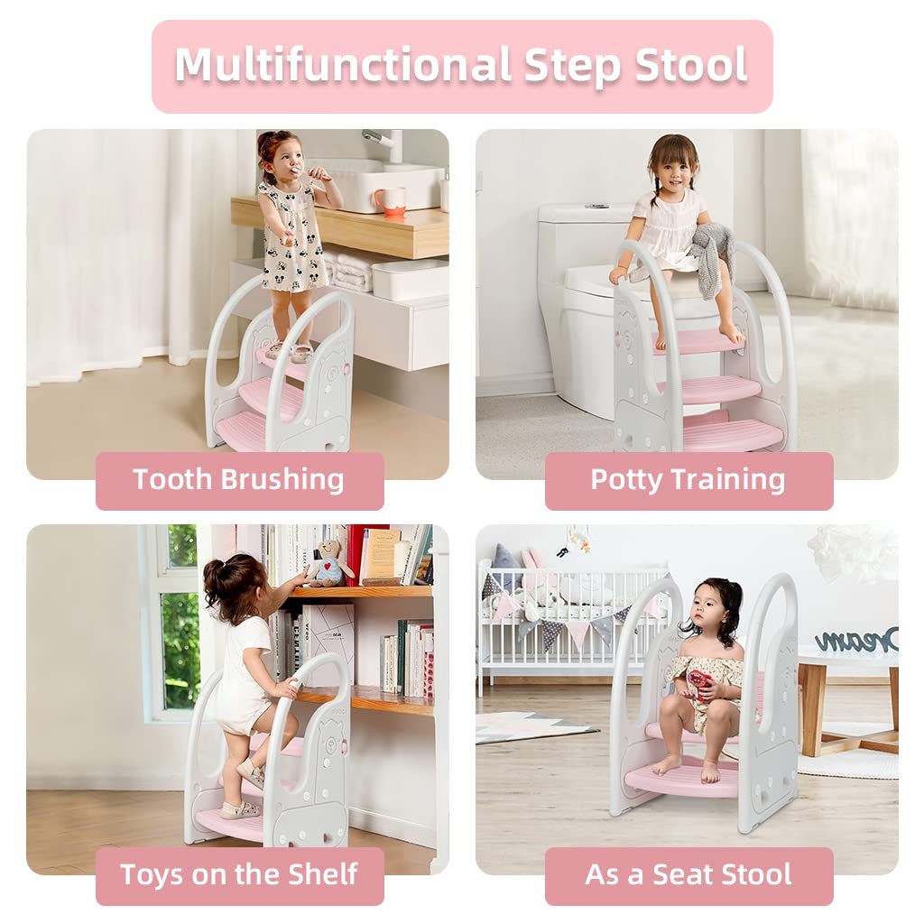 Onasti 3-step standing tower in use during everyday tasks and potty training.