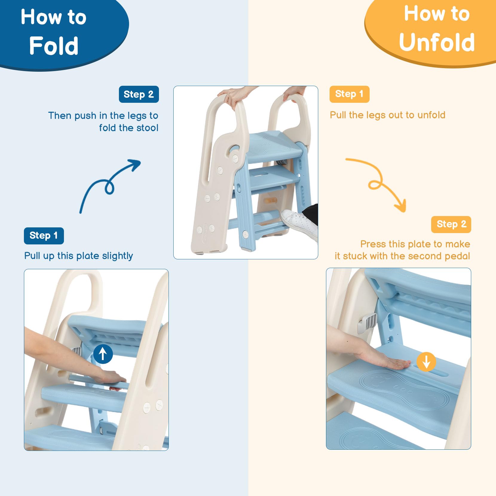 Onasti foldable toddler stool offers three-to-two step height options for growing kids