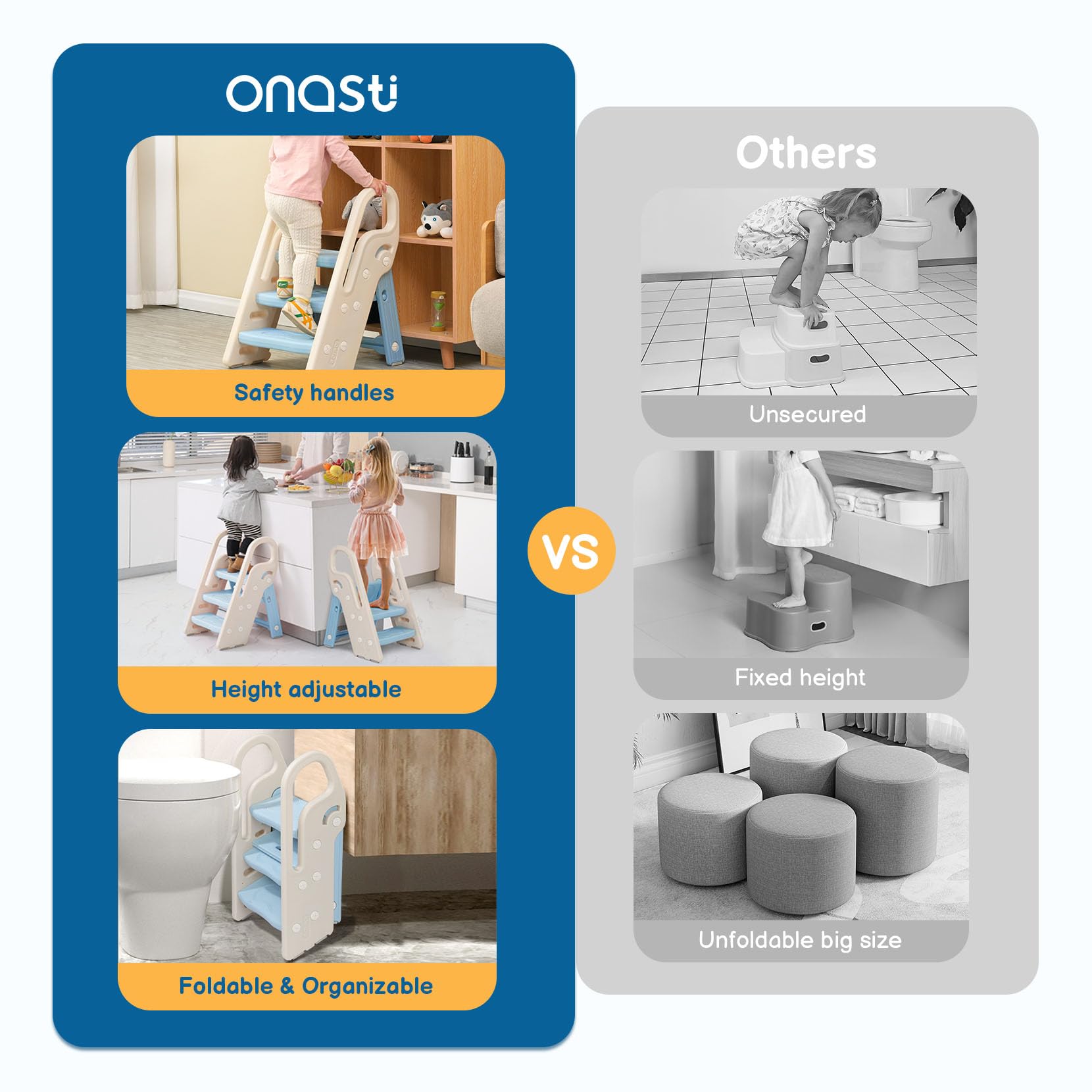 Onasti foldable toddler stool by bathroom sink helps kids reach taps confidently