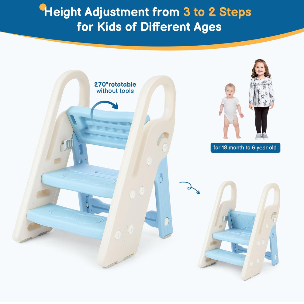 Onasti foldable toddler step stool folded for compact storage after use