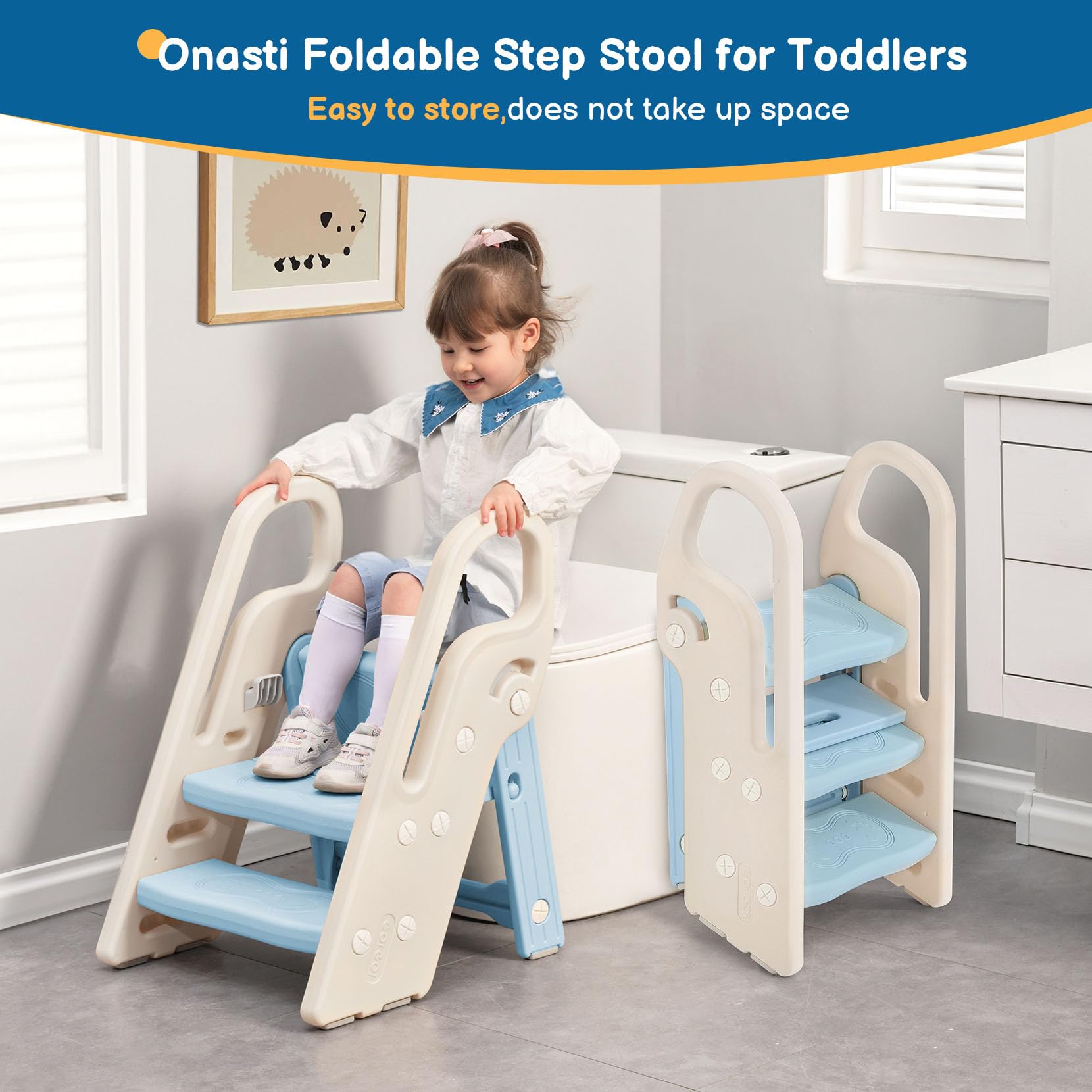 Onasti foldable toddler step stool with handles provides a secure grip