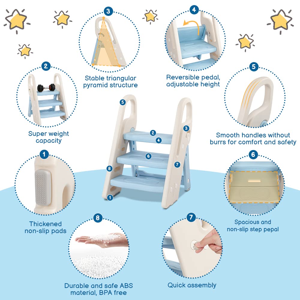 Onasti foldable toddler stool beside kitchen counter supports kid-friendly tasks