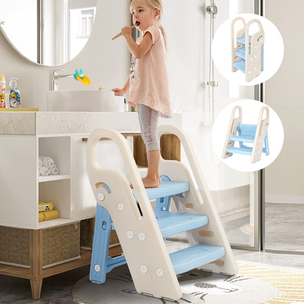 Onasti foldable toddler step stool top panel adjustable to reach sinks safely