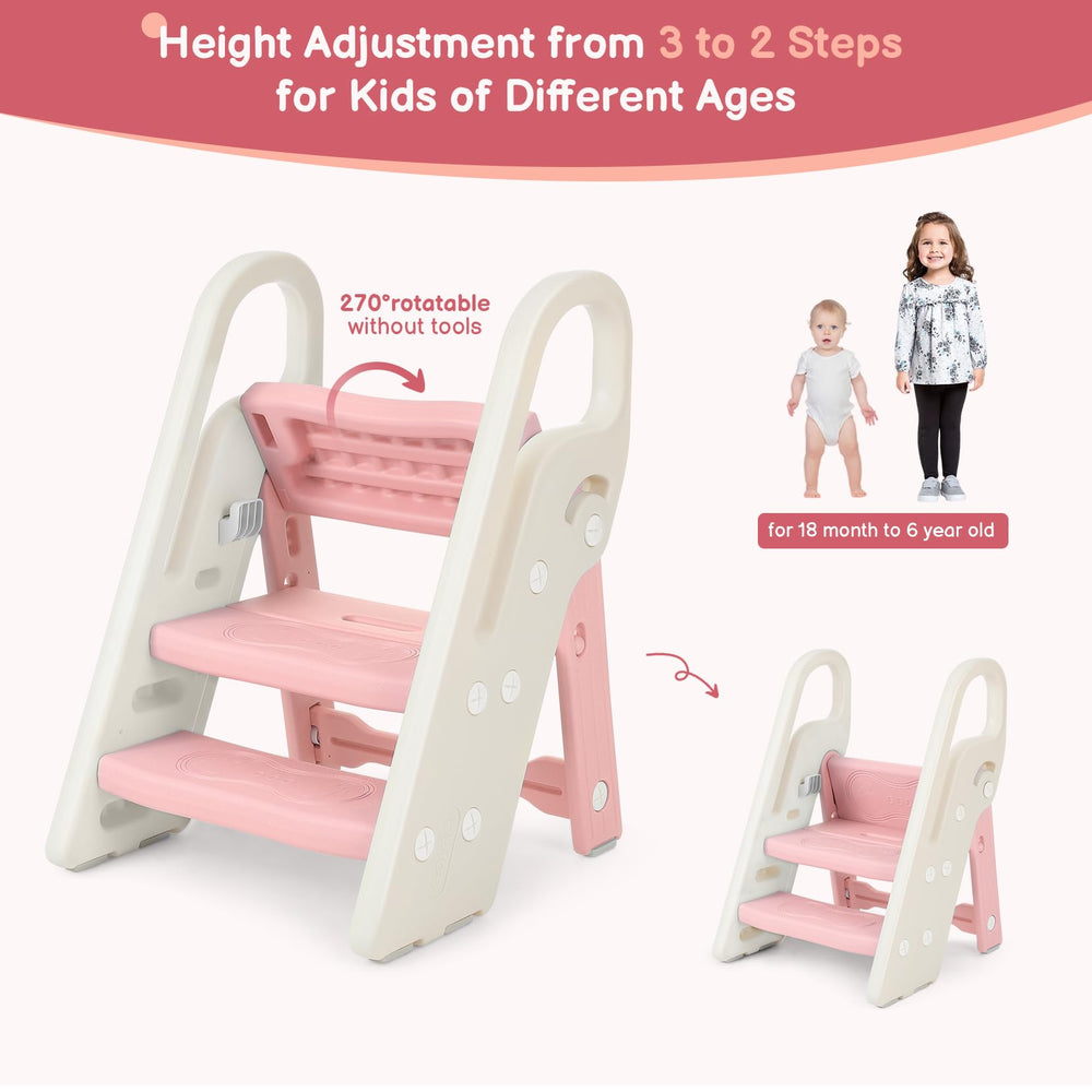 Onasti foldable toddler stool extended-3-steps demonstrates stable base for independent climbing