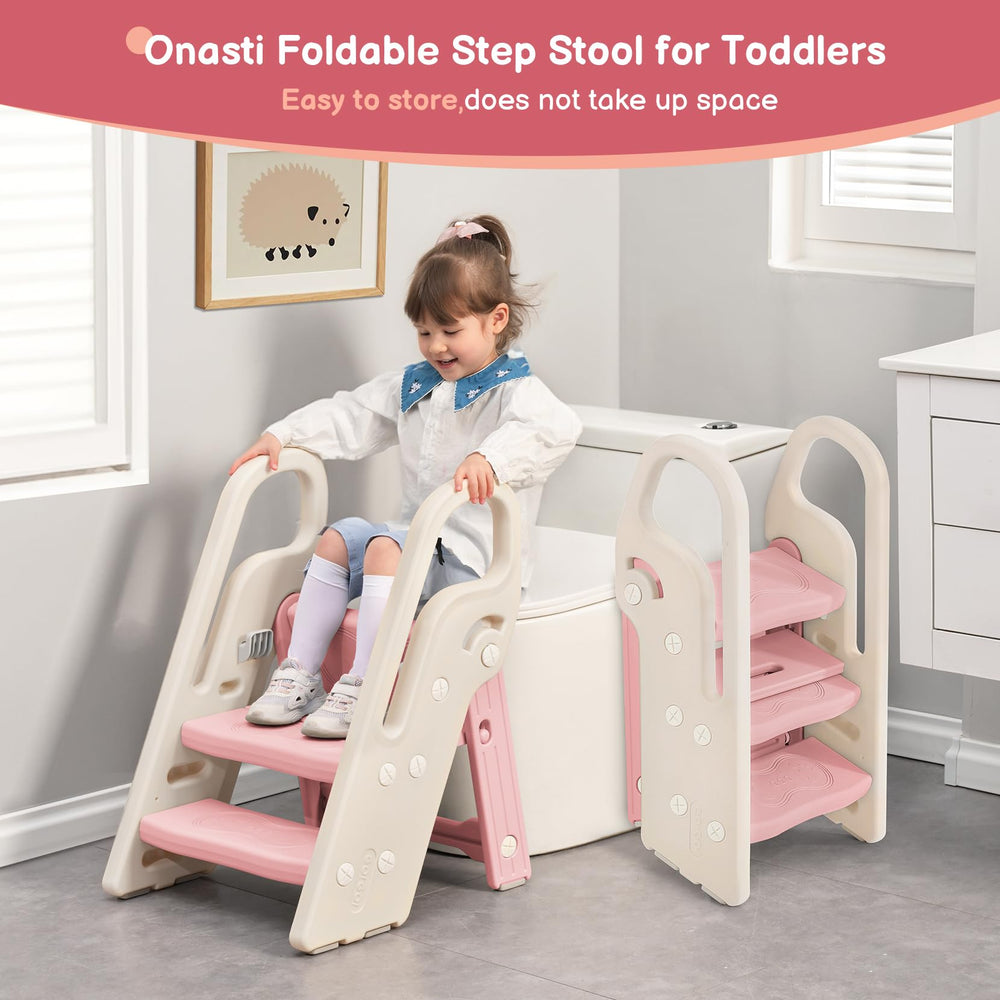 Onasti foldable toddler stool folded-compact reveals space saving design for small bathrooms