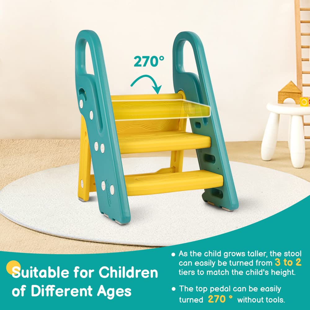 Onasti foldable toddler stool folded compactly for space-saving storage.