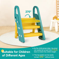Onasti foldable toddler stool folded compactly for space-saving storage.