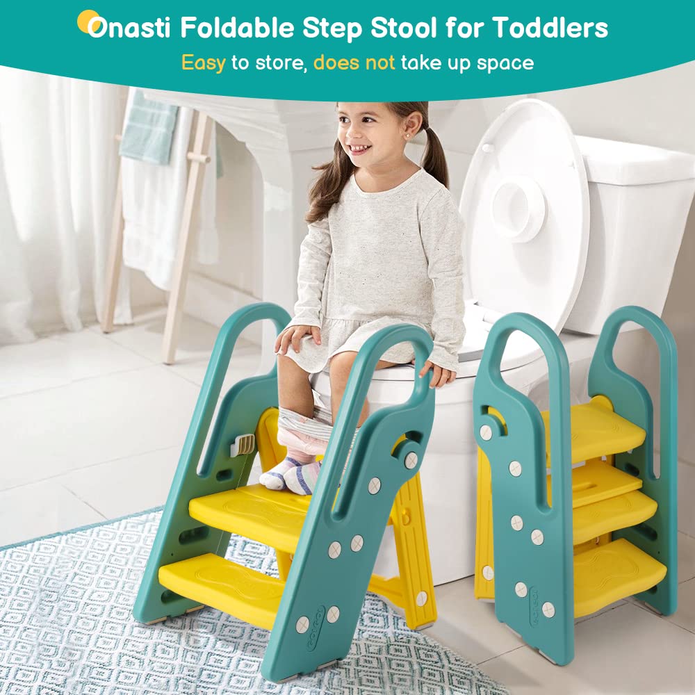Onasti toddler stool with handrails provides secure, supported climbing.
