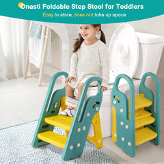 Onasti toddler stool with handrails provides secure, supported climbing.