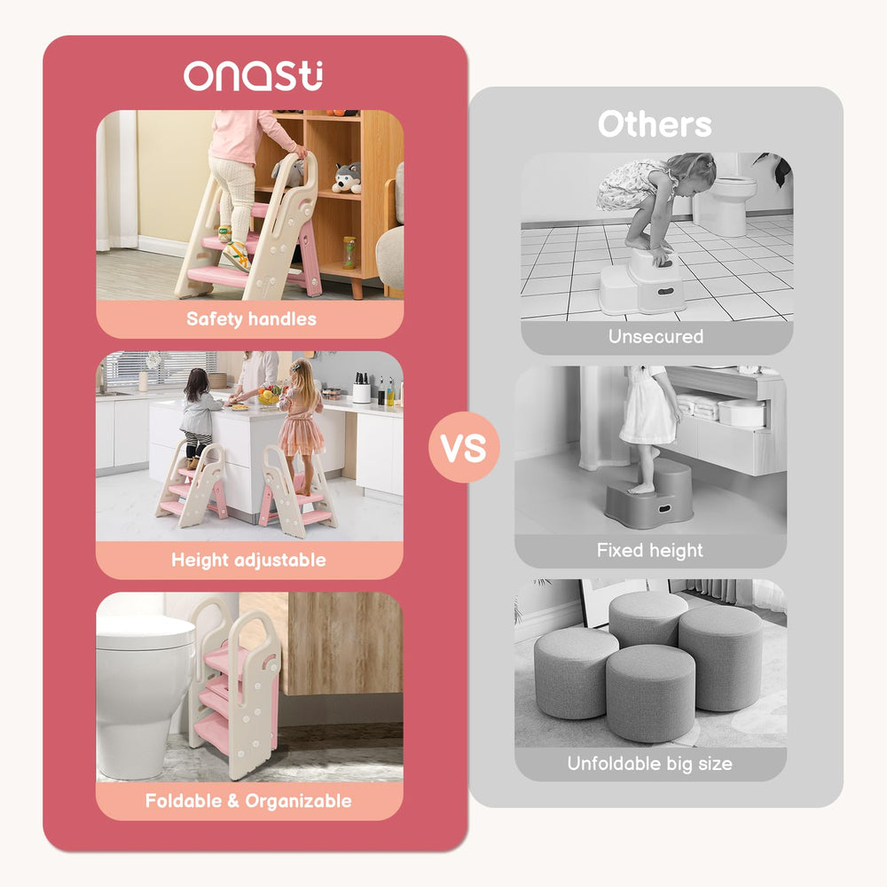 Onasti stool shown at toilet height helps potty training routines